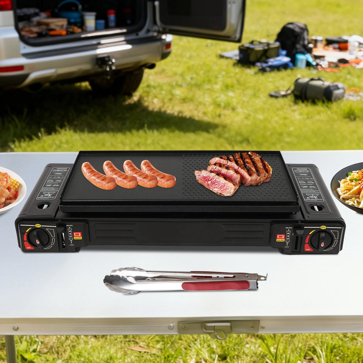 Portable Two Burner Butane Camping Stove Baking Pan And Case
