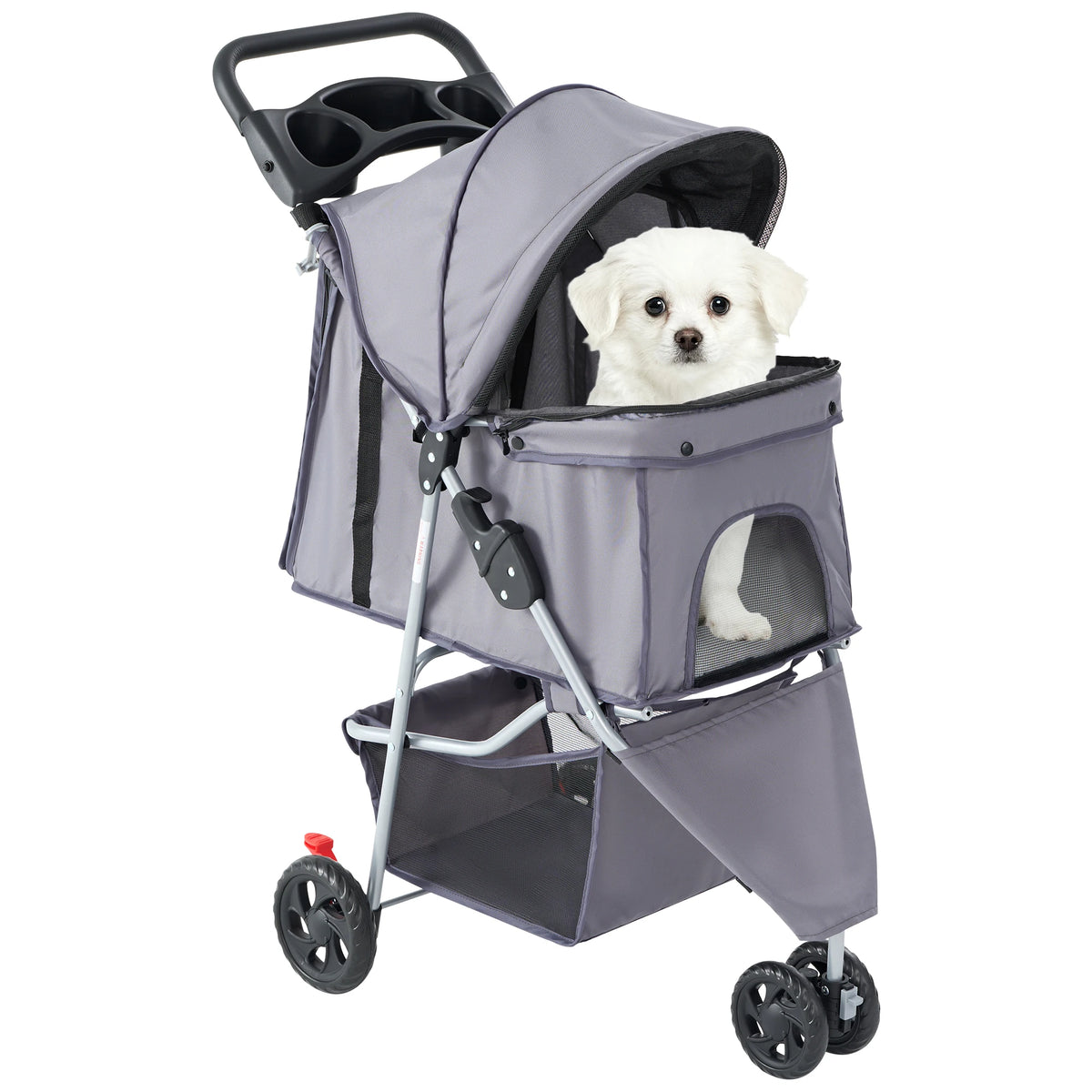 Foldable Three Wheel Pet Stroller With Mesh Windows And Basket