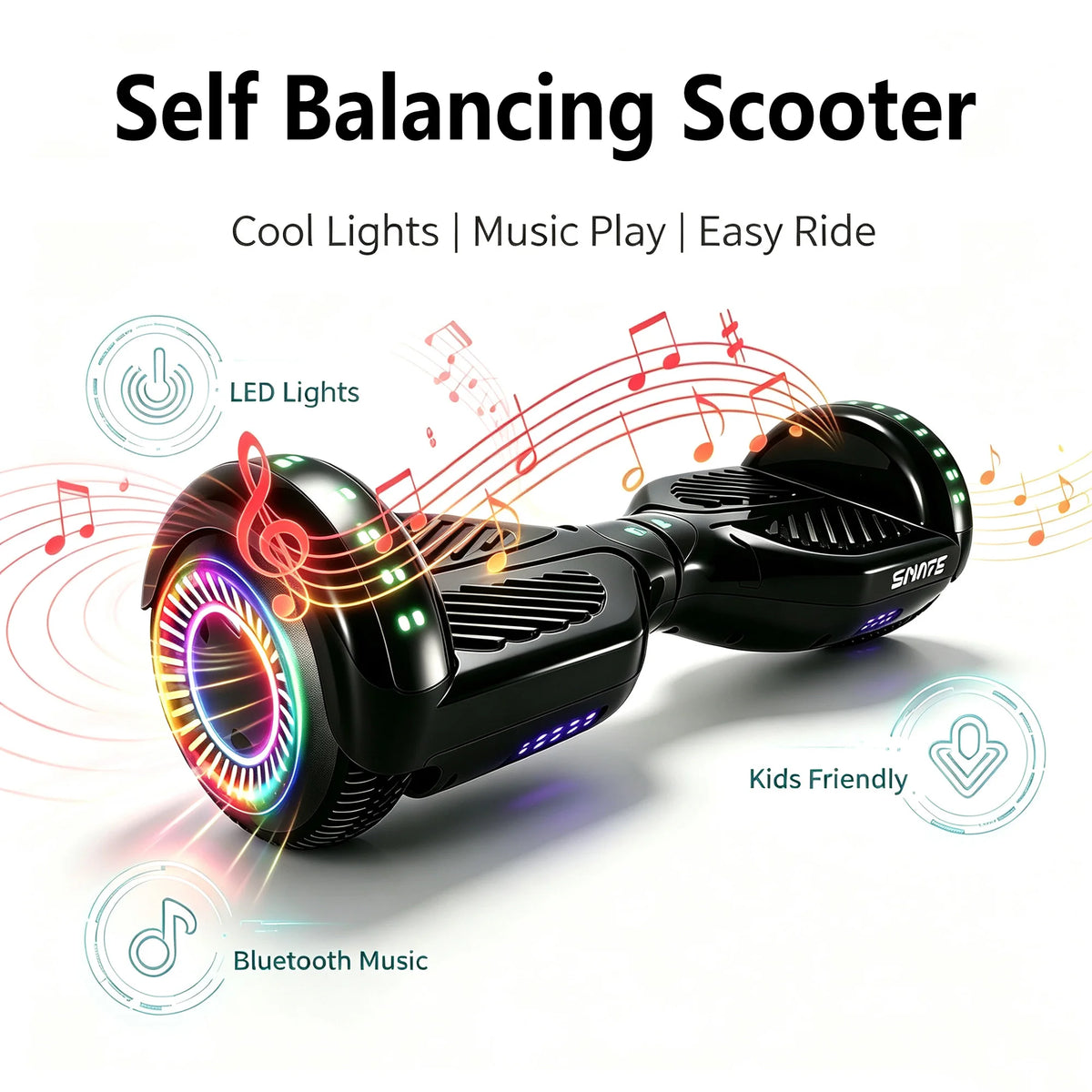 Simate Self Balancing Hoverboard With Bluetooth Speaker And LED Lights