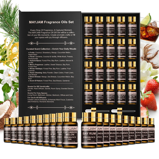 MAYJAM Fragrance Oils Set 20 Bottles-Sea Breeze White Musk Baby Powder Leather Sweet Tobacco Coconut & Vanilla Freesia Gardenia Strawberry Watermelon Mango Aroma Essential Oils for Humidifier Diffuser Burner Making Scented Ca