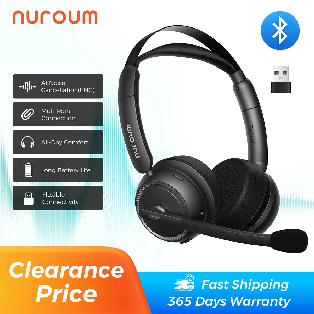 Nuroum Wireless Bluetooth Headset With Active Noise Cancellation Mic