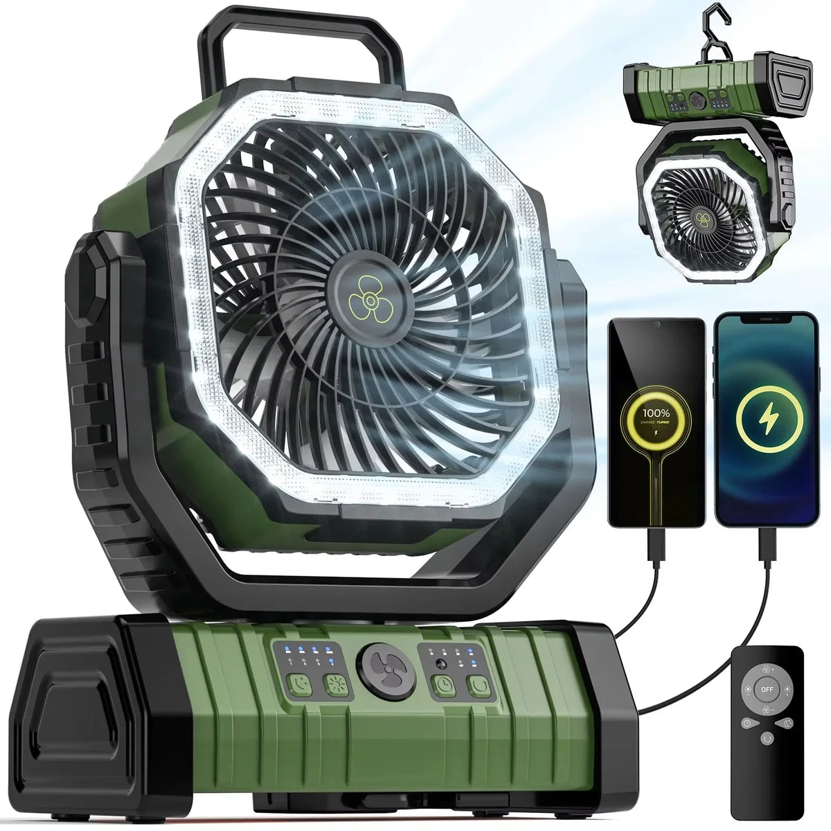 Portable 20000mAh Rechargeable Fan With LED Light And Hook