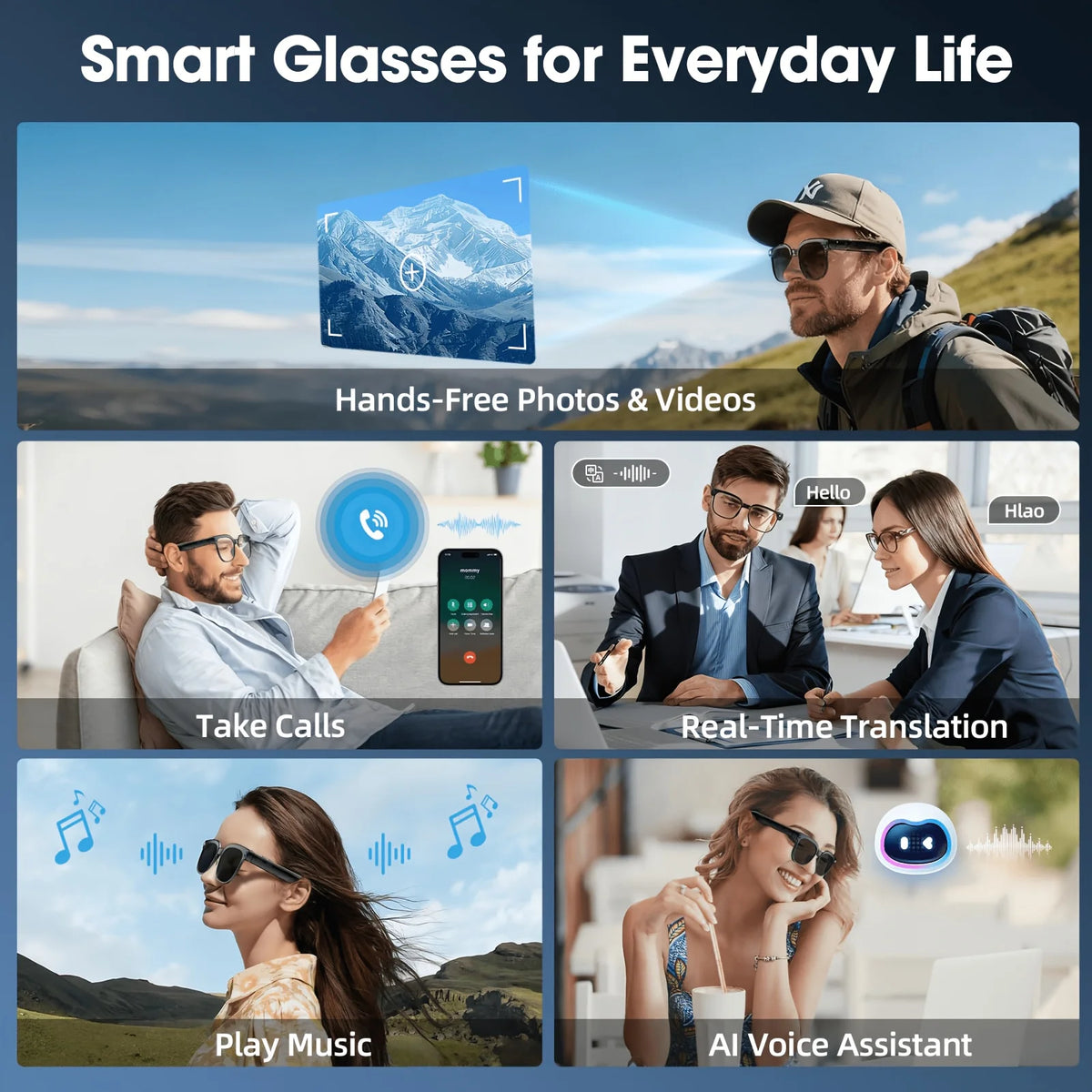 Smart Camera Glasses With 8MP HD Video Bluetooth Translator