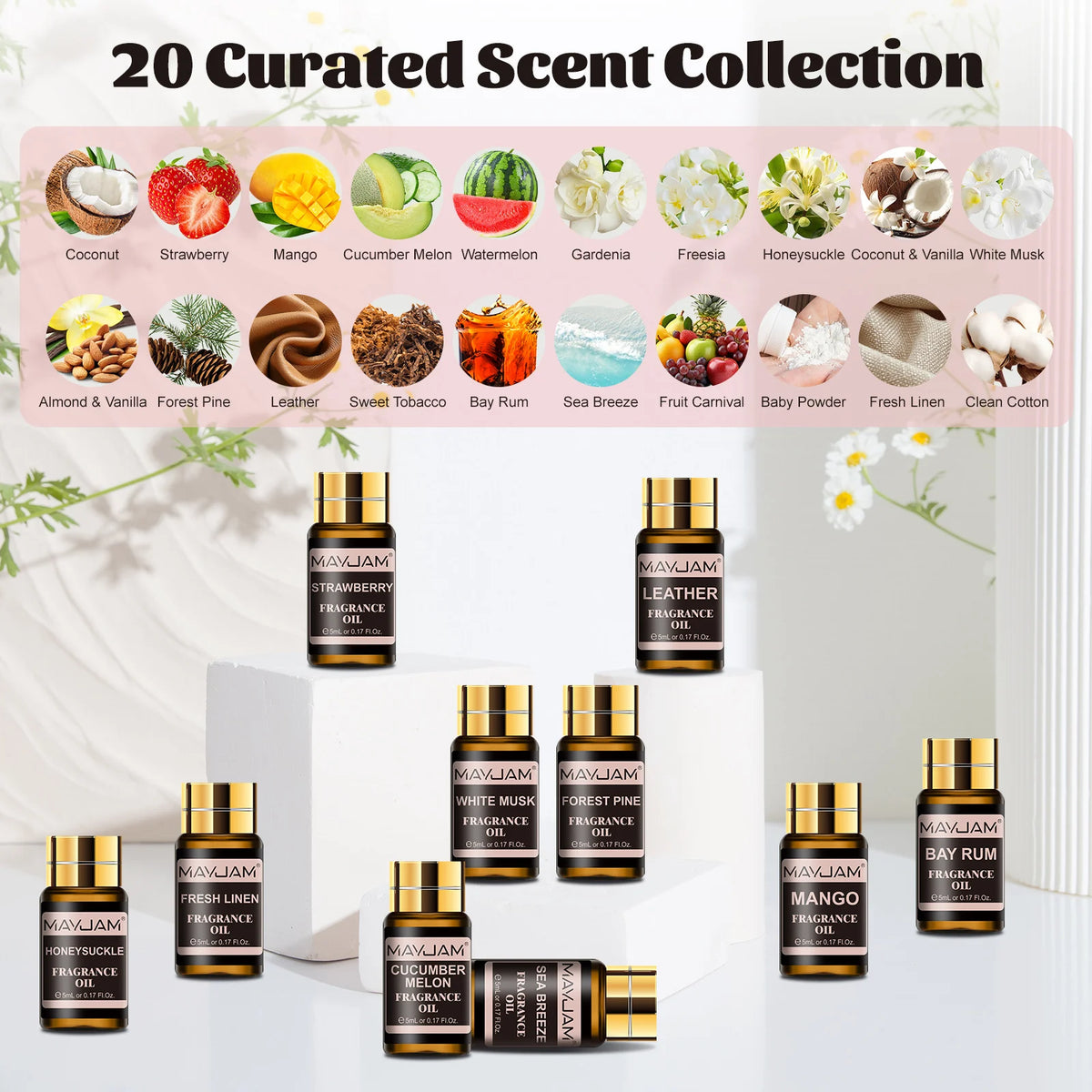 MAYJAM Fragrance Oils Set 20 Bottles-Sea Breeze White Musk Baby Powder Leather Sweet Tobacco Coconut & Vanilla Freesia Gardenia Strawberry Watermelon Mango Aroma Essential Oils for Humidifier Diffuser Burner Making Scented Ca