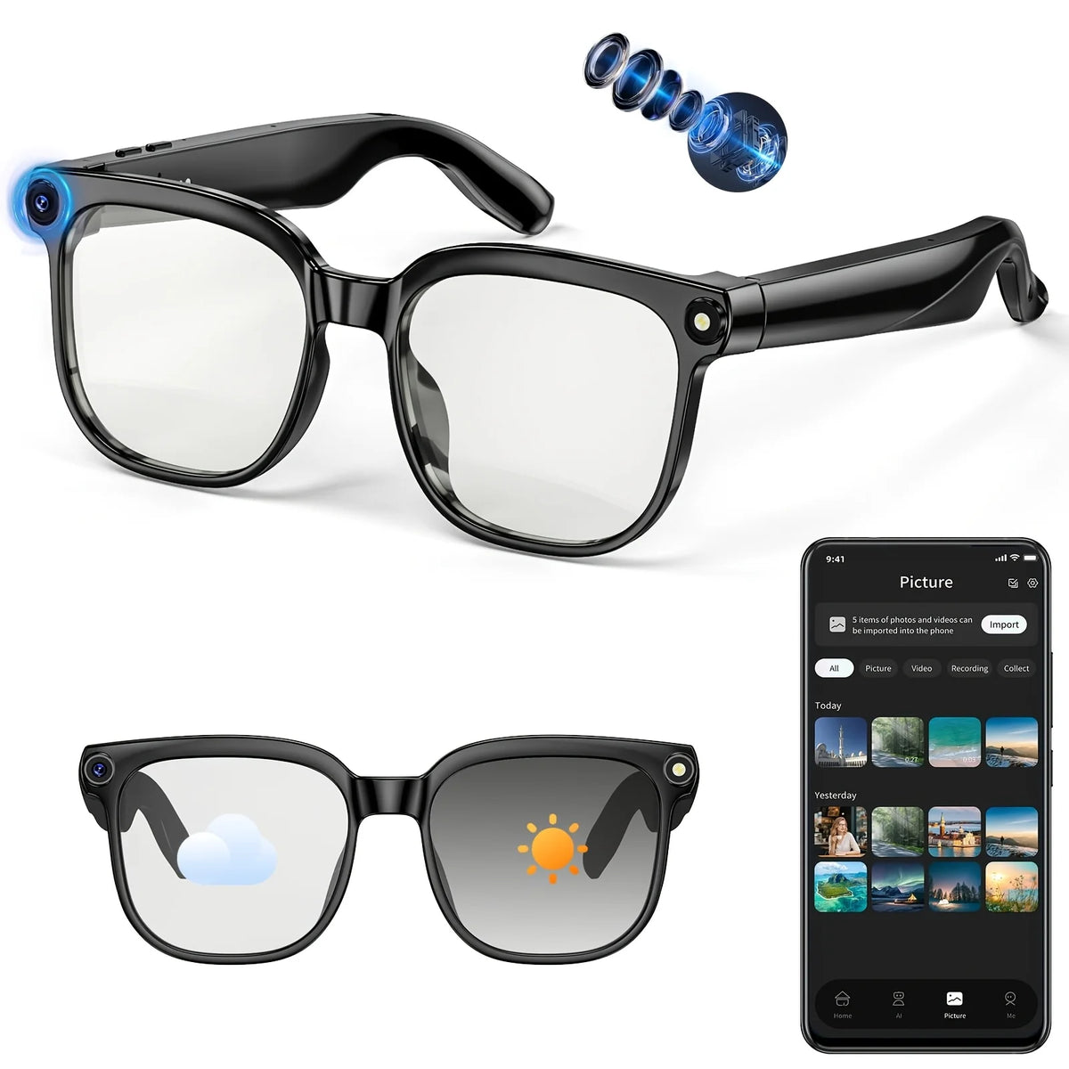 Smart Camera Glasses With 8MP HD Video Bluetooth Translator