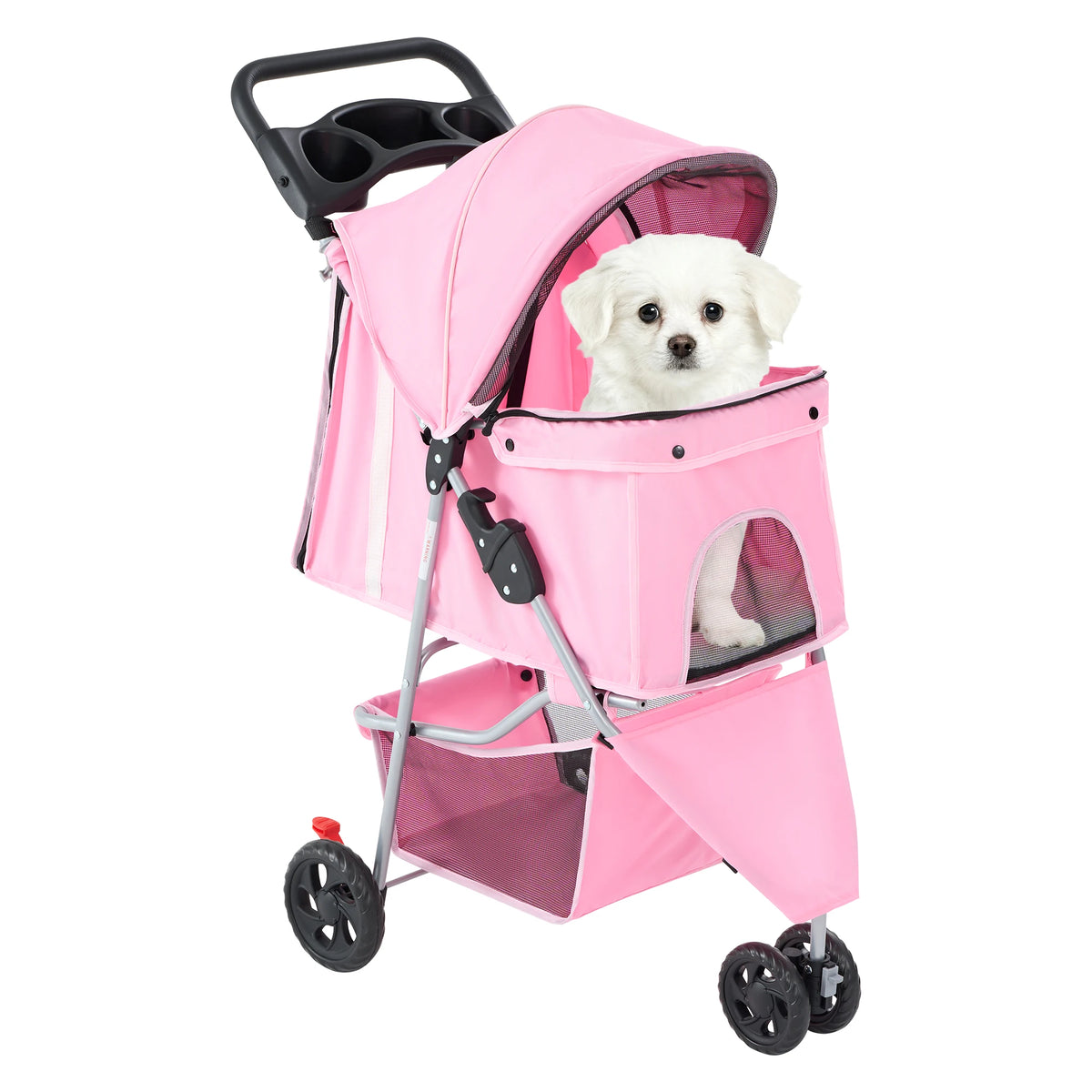 Foldable Three Wheel Pet Stroller With Mesh Windows And Basket