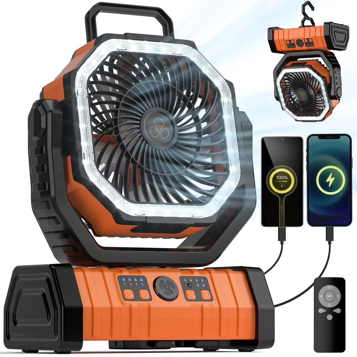 Portable 20000mAh Rechargeable Fan With LED Light And Hook