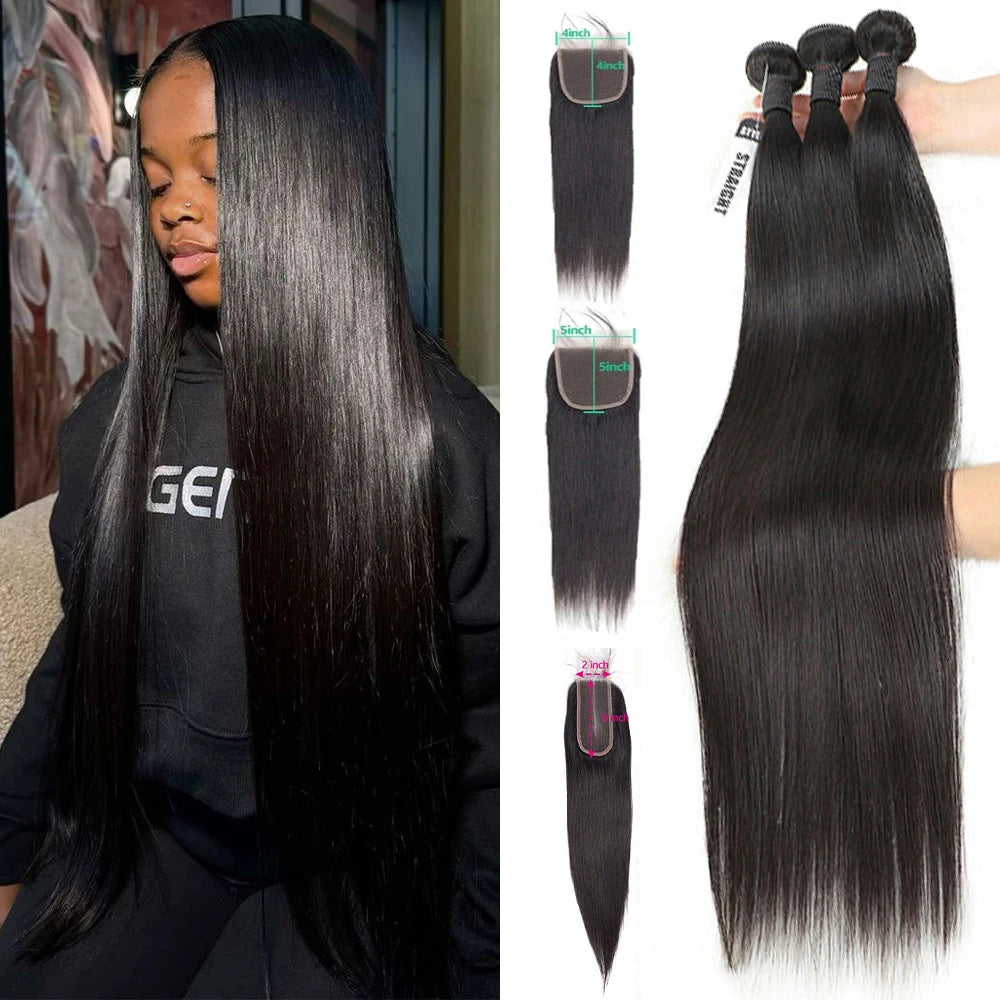 Queenlike Straight Human Hair Bundles With Transparent Lace Closure