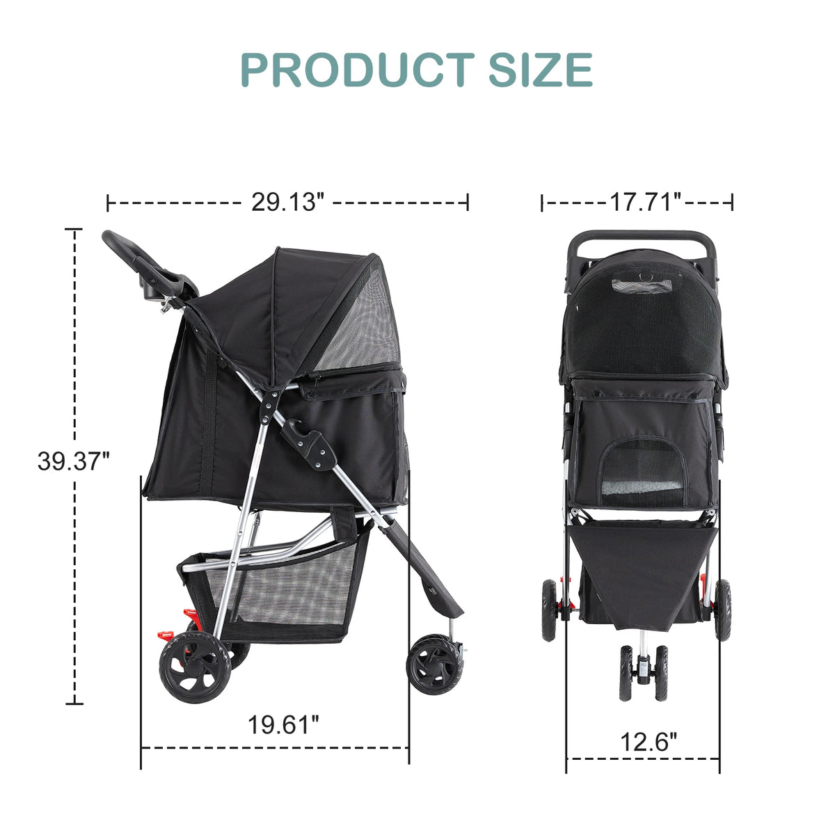 Foldable Three Wheel Pet Stroller With Mesh Windows And Basket