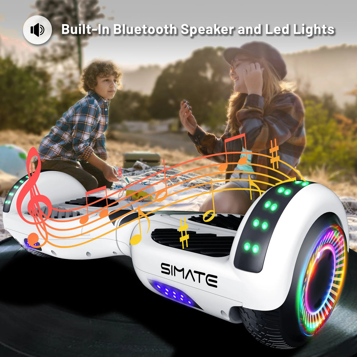 Simate Self Balancing Hoverboard With Bluetooth Speaker And LED Lights