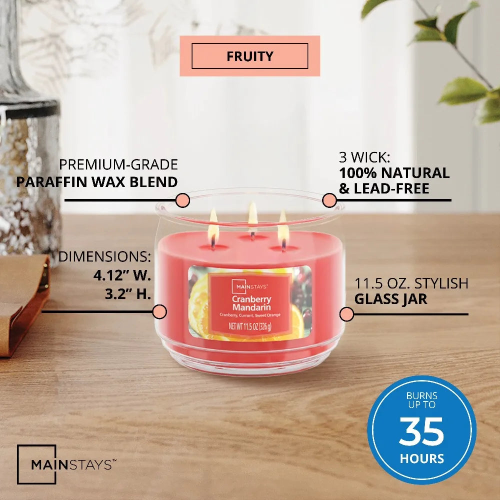Mainstays Cranberry Mandarin 3 Wick Soy Scented Candle Glass Jar