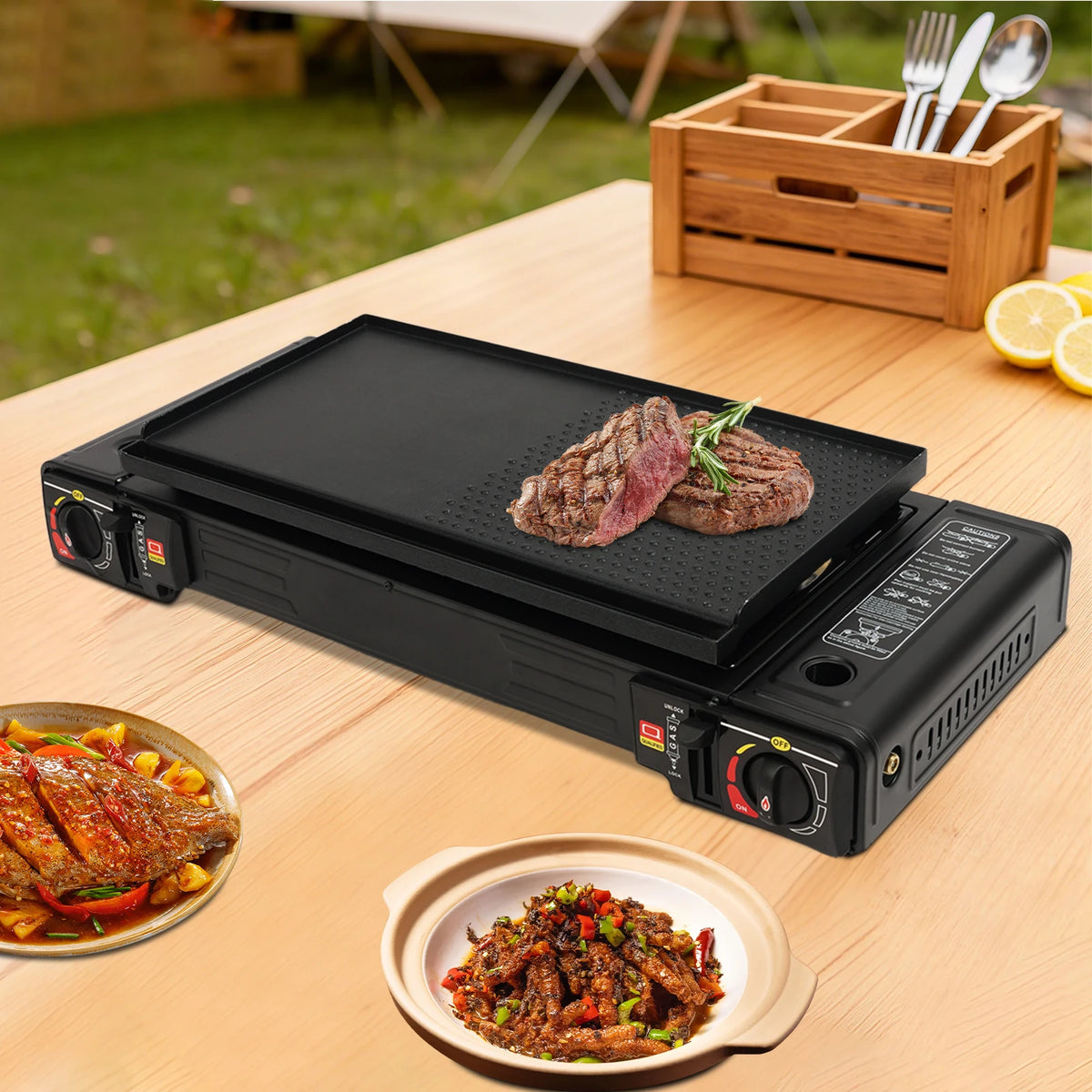 Portable Two Burner Butane Camping Stove Baking Pan And Case