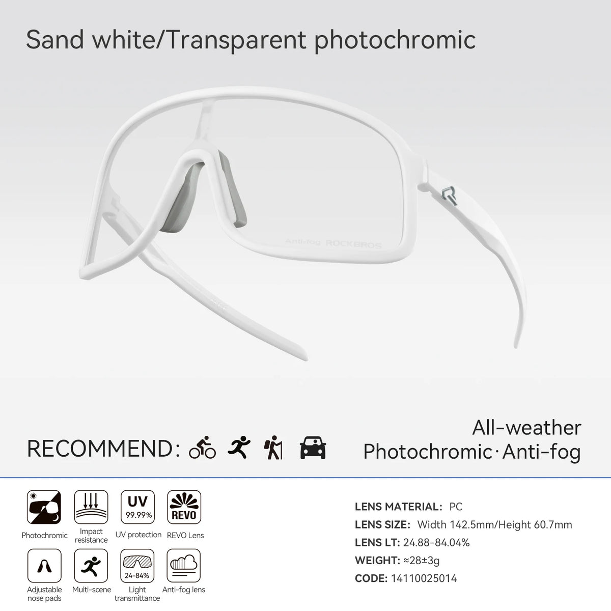 Rockbros Photochromic Cycling Glasses UV400 Protection Outdoor Sports