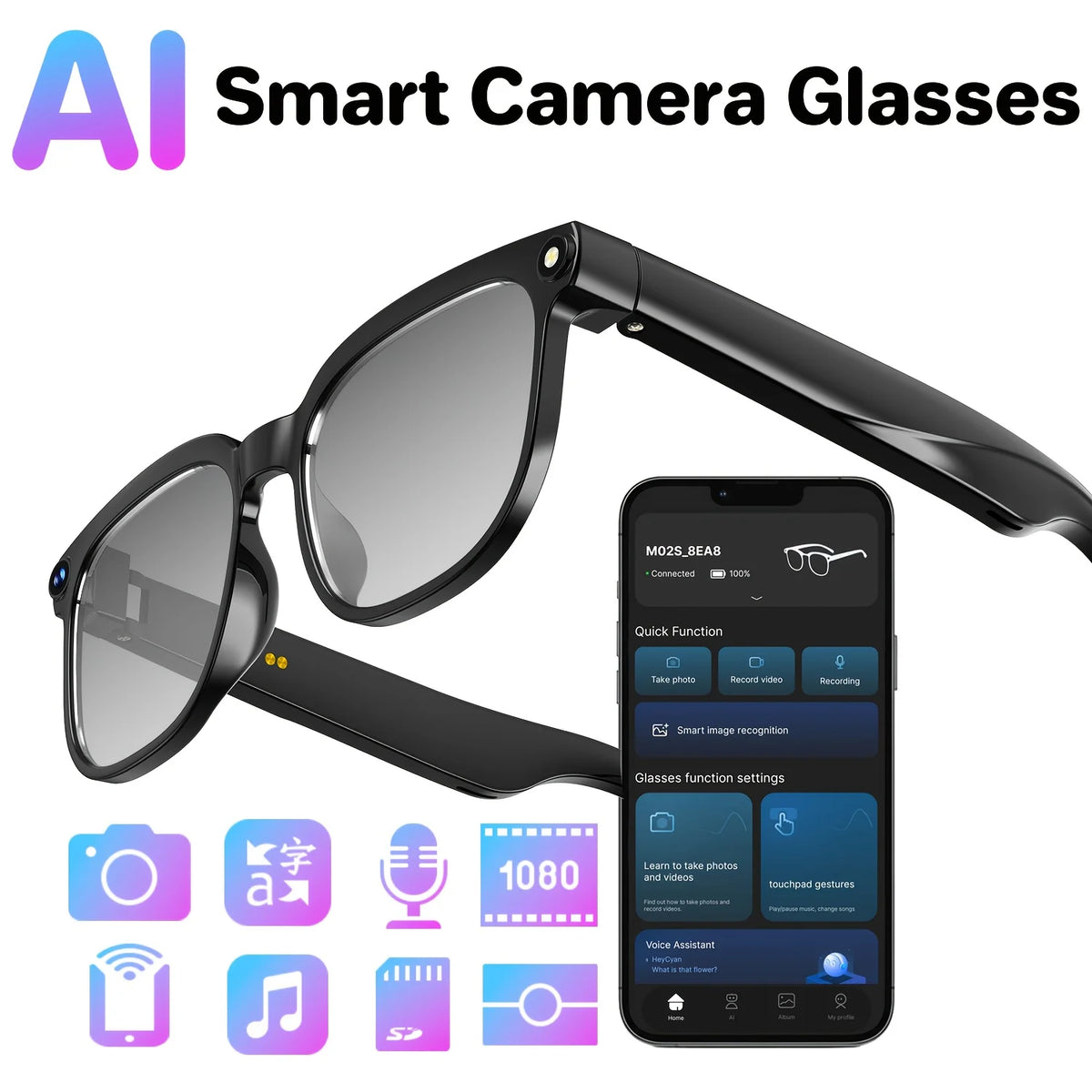 Smart Camera Glasses With 8MP HD Video Bluetooth Translator