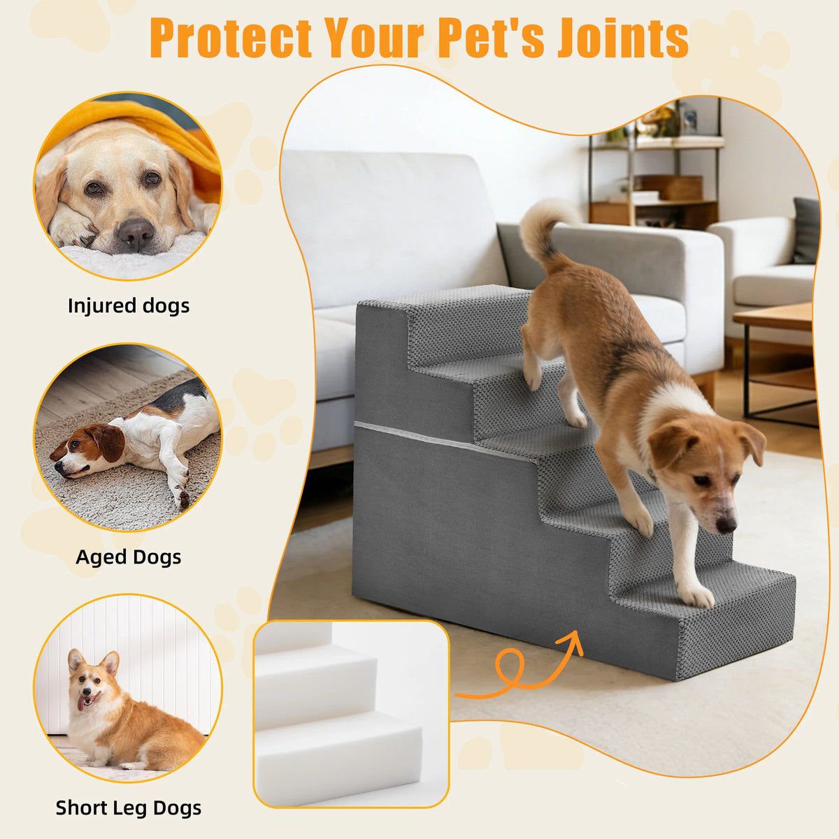 Premium Foam Dog Stair Ramp With Non Slip Indoor Steps