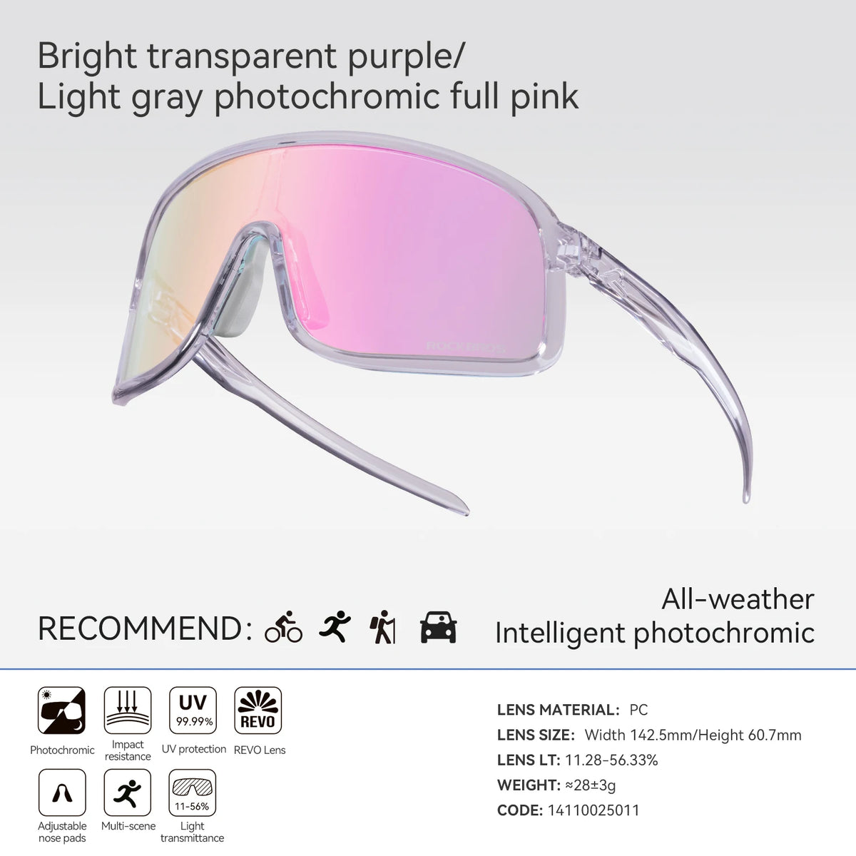 Rockbros Photochromic Cycling Glasses UV400 Protection Outdoor Sports