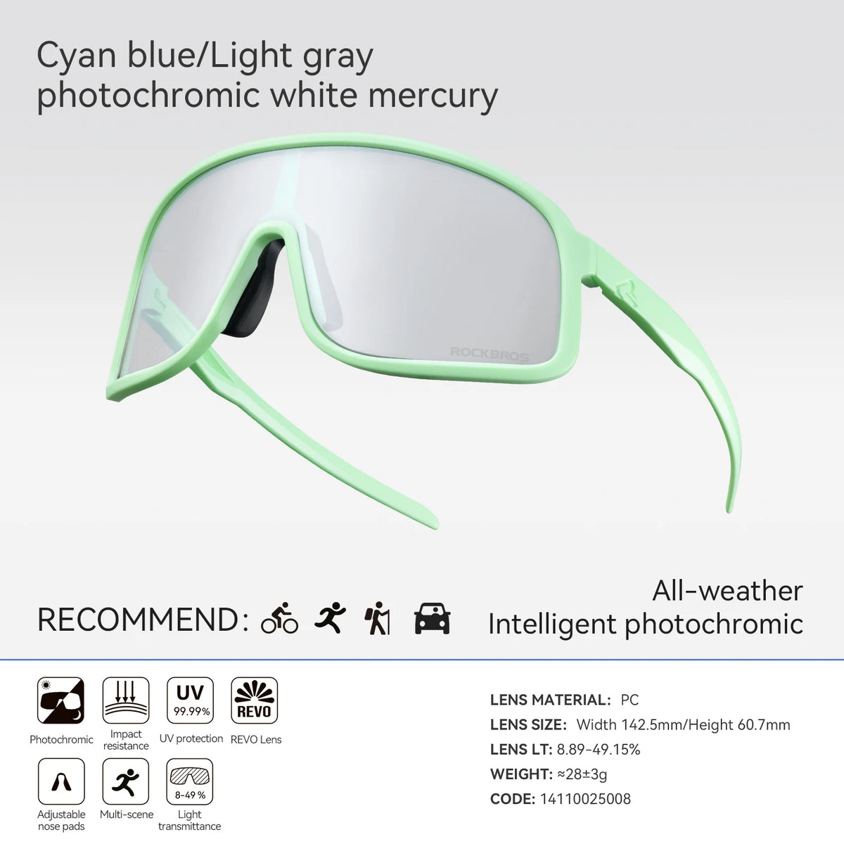 Rockbros Photochromic Cycling Glasses UV400 Protection Outdoor Sports