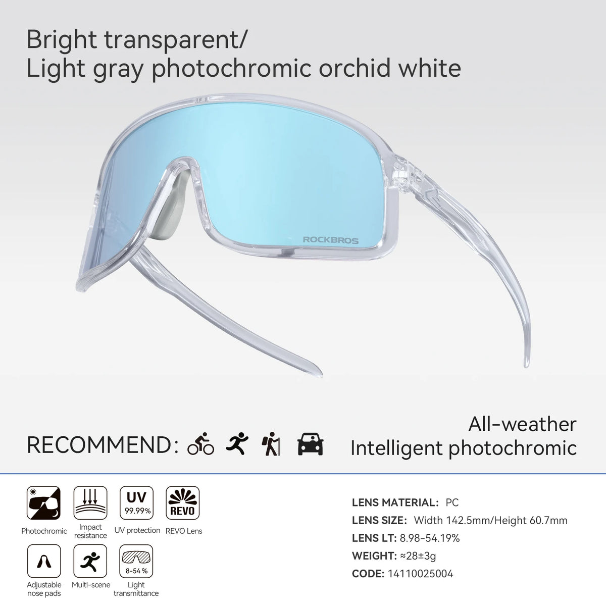 Rockbros Photochromic Cycling Glasses UV400 Protection Outdoor Sports