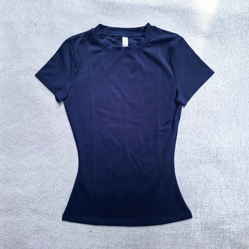 Summer Short Sleeve Yoga Top Women Workout Gym Crop Top Slim Fit Round Neck Yoga Shirt Seamless Sports Stretchy Shirts