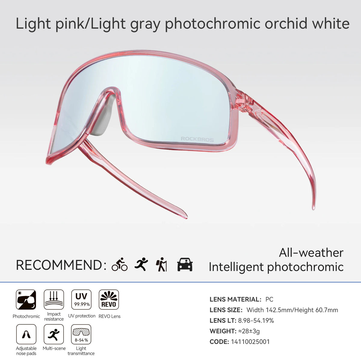 Rockbros Photochromic Cycling Glasses UV400 Protection Outdoor Sports