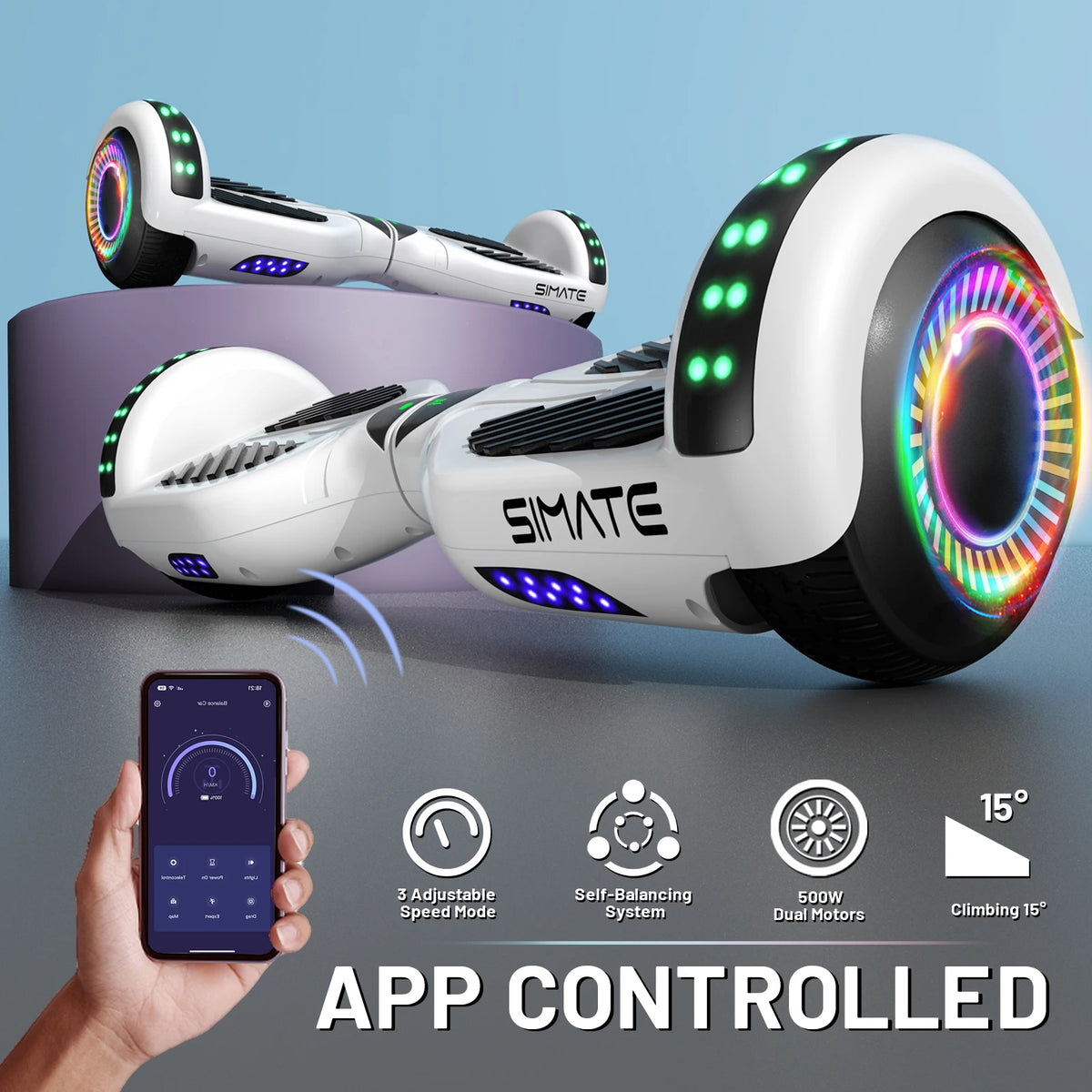 Simate Self Balancing Hoverboard With Bluetooth Speaker And LED Lights