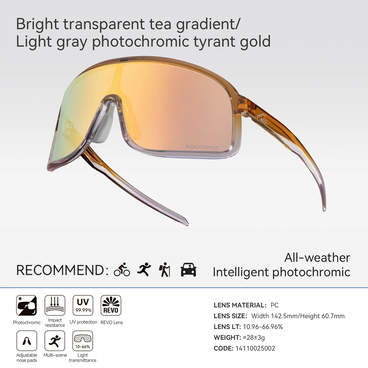 Rockbros Photochromic Cycling Glasses UV400 Protection Outdoor Sports