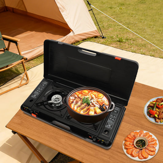 Portable Two Burner Butane Camping Stove Baking Pan And Case