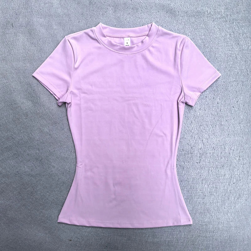Summer Short Sleeve Yoga Top Women Workout Gym Crop Top Slim Fit Round Neck Yoga Shirt Seamless Sports Stretchy Shirts