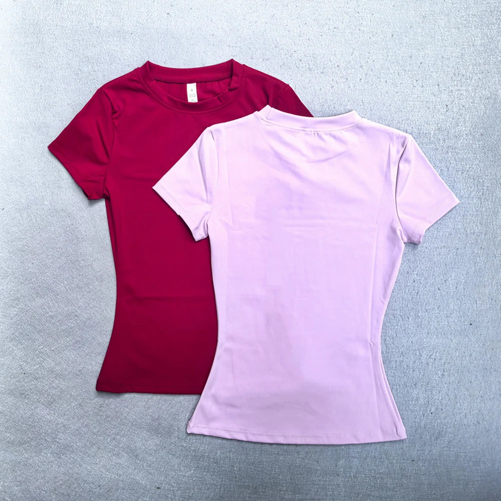 Summer Short Sleeve Yoga Top Women Workout Gym Crop Top Slim Fit Round Neck Yoga Shirt Seamless Sports Stretchy Shirts