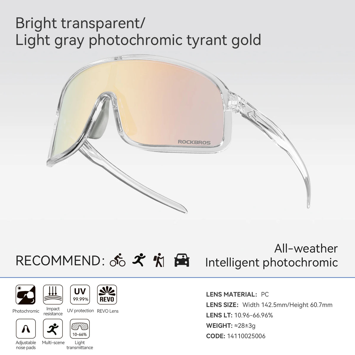 Rockbros Photochromic Cycling Glasses UV400 Protection Outdoor Sports