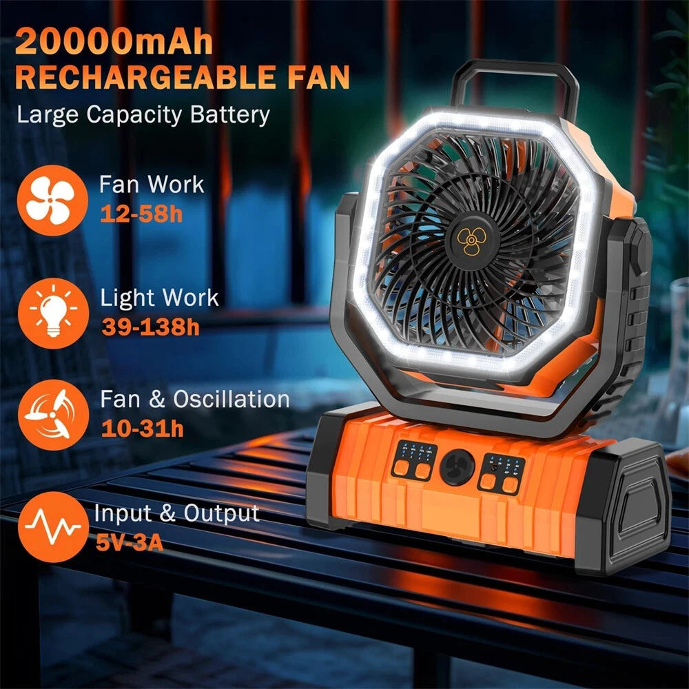 Portable 20000mAh Rechargeable Fan With LED Light And Hook