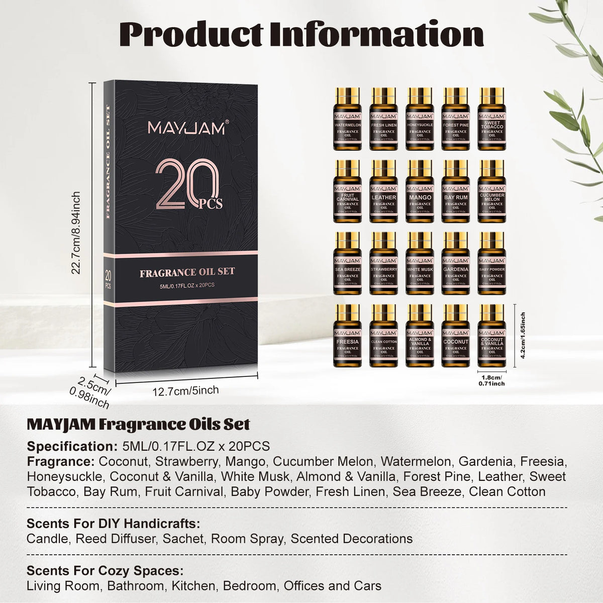 MAYJAM Fragrance Oils Set 20 Bottles-Sea Breeze White Musk Baby Powder Leather Sweet Tobacco Coconut & Vanilla Freesia Gardenia Strawberry Watermelon Mango Aroma Essential Oils for Humidifier Diffuser Burner Making Scented Ca
