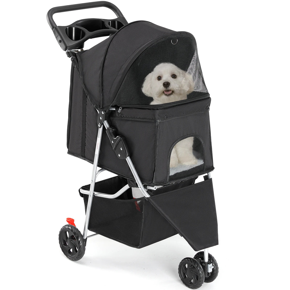 Foldable Three Wheel Pet Stroller With Mesh Windows And Basket