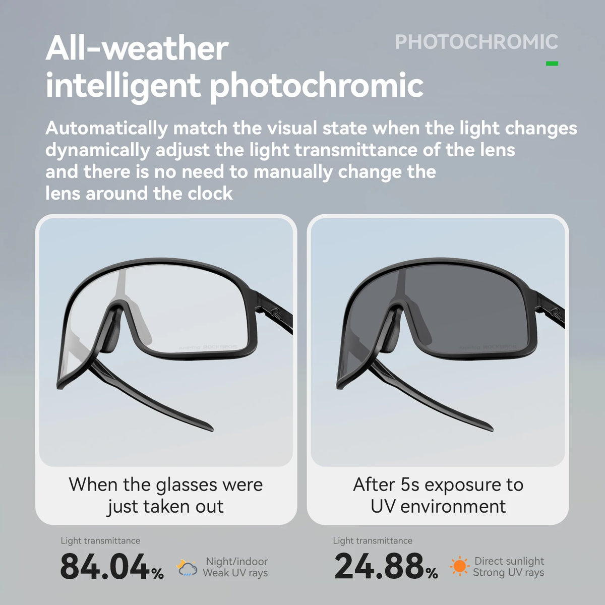 Rockbros Photochromic Cycling Glasses UV400 Protection Outdoor Sports