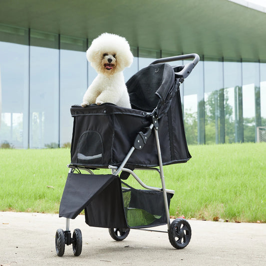 Foldable Three Wheel Pet Stroller With Mesh Windows And Basket