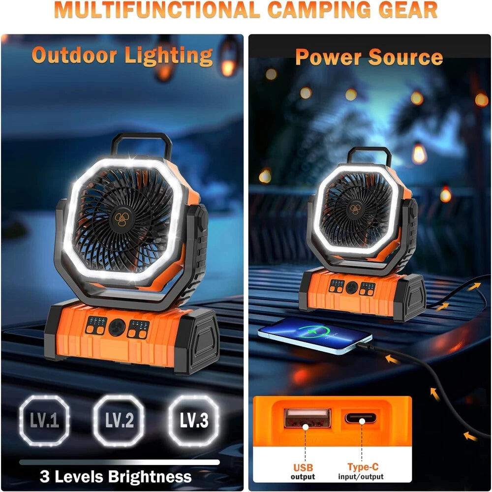 Portable 20000mAh Rechargeable Fan With LED Light And Hook