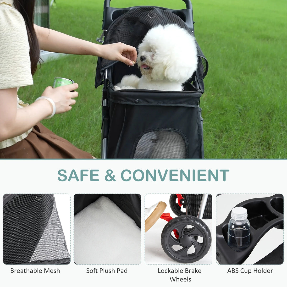 Foldable Three Wheel Pet Stroller With Mesh Windows And Basket