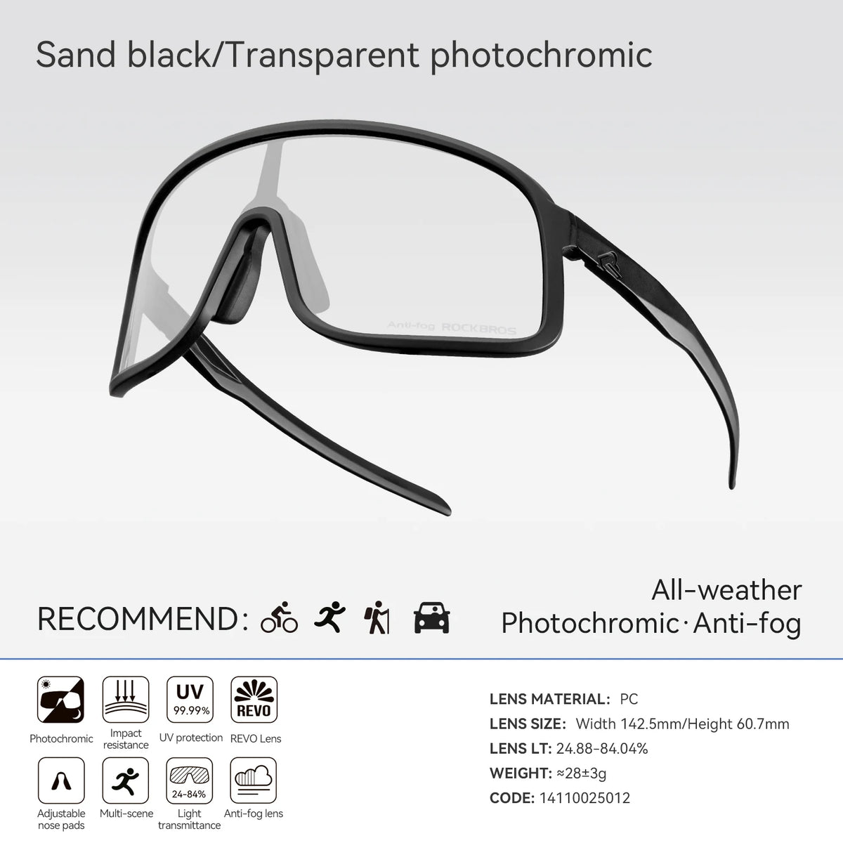 Rockbros Photochromic Cycling Glasses UV400 Protection Outdoor Sports