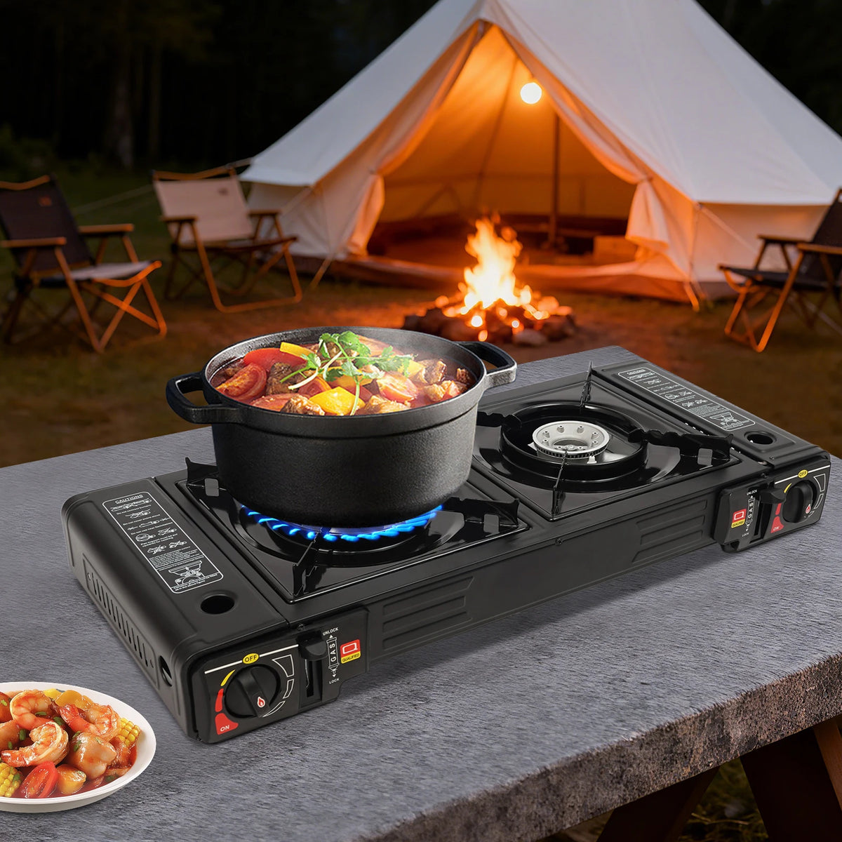 Portable Two Burner Butane Camping Stove Baking Pan And Case