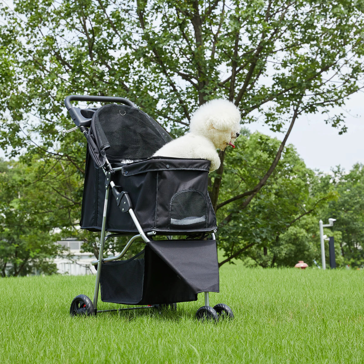 Foldable Three Wheel Pet Stroller With Mesh Windows And Basket