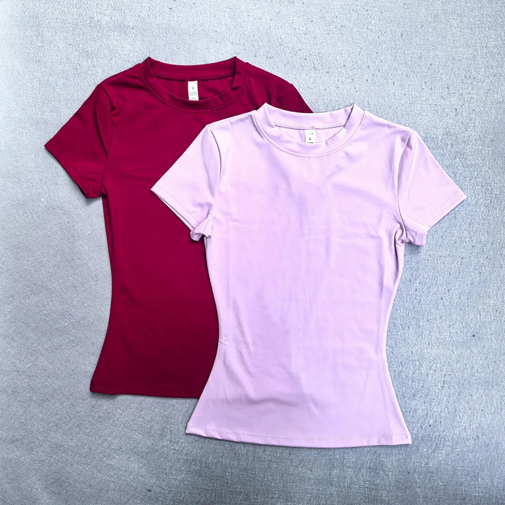 Summer Short Sleeve Yoga Top Women Workout Gym Crop Top Slim Fit Round Neck Yoga Shirt Seamless Sports Stretchy Shirts