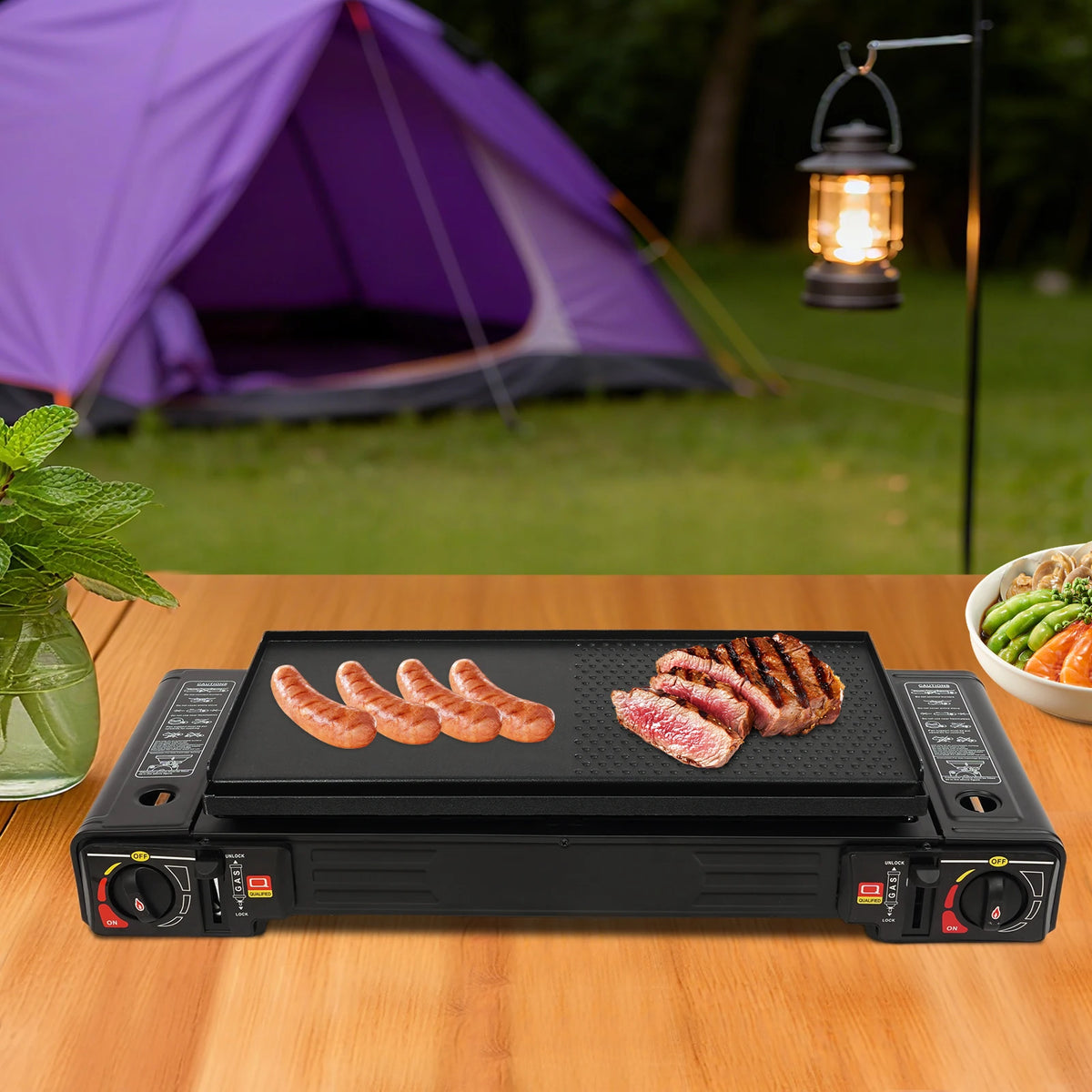 Portable Two Burner Butane Camping Stove Baking Pan And Case