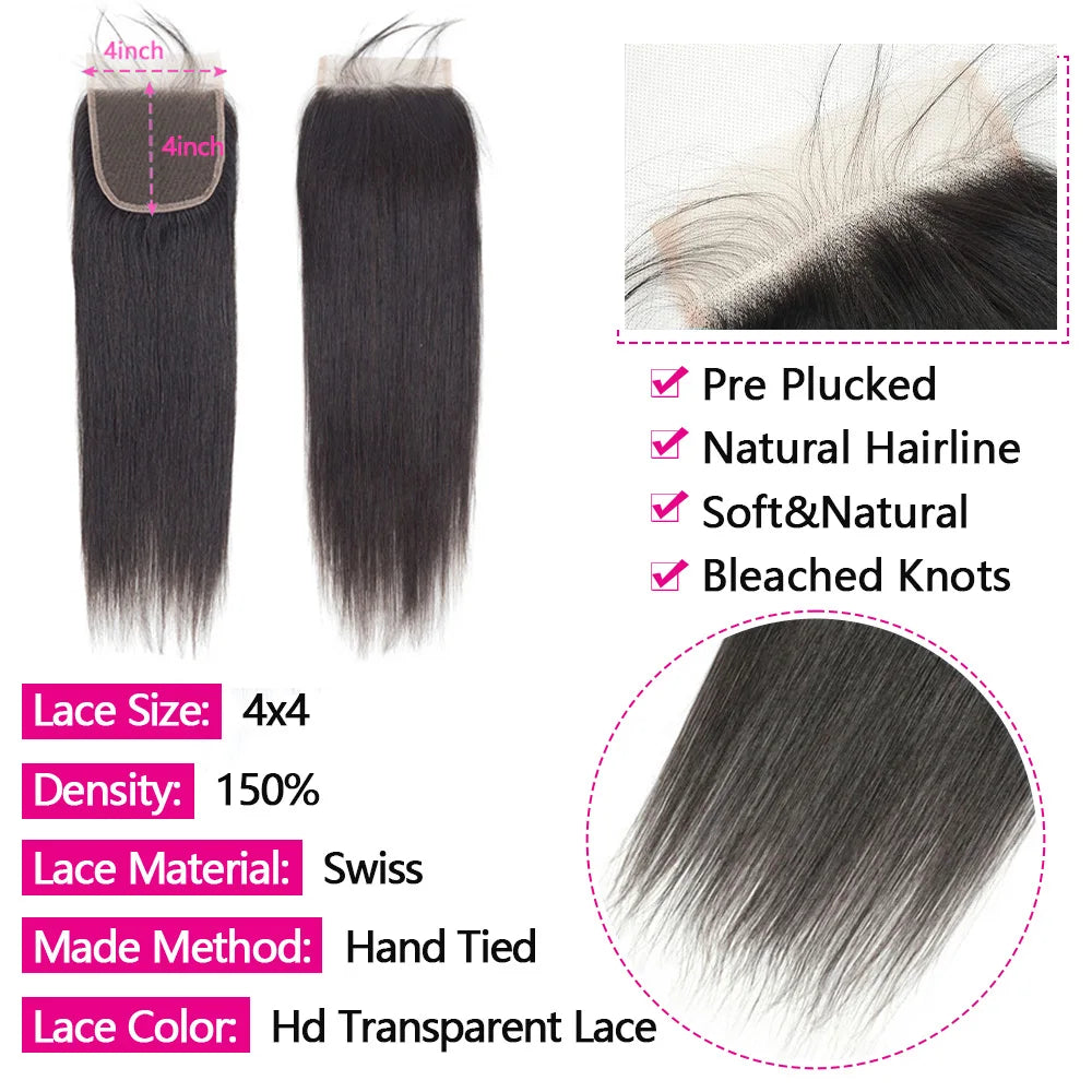 Queenlike Straight Human Hair Bundles With Transparent Lace Closure