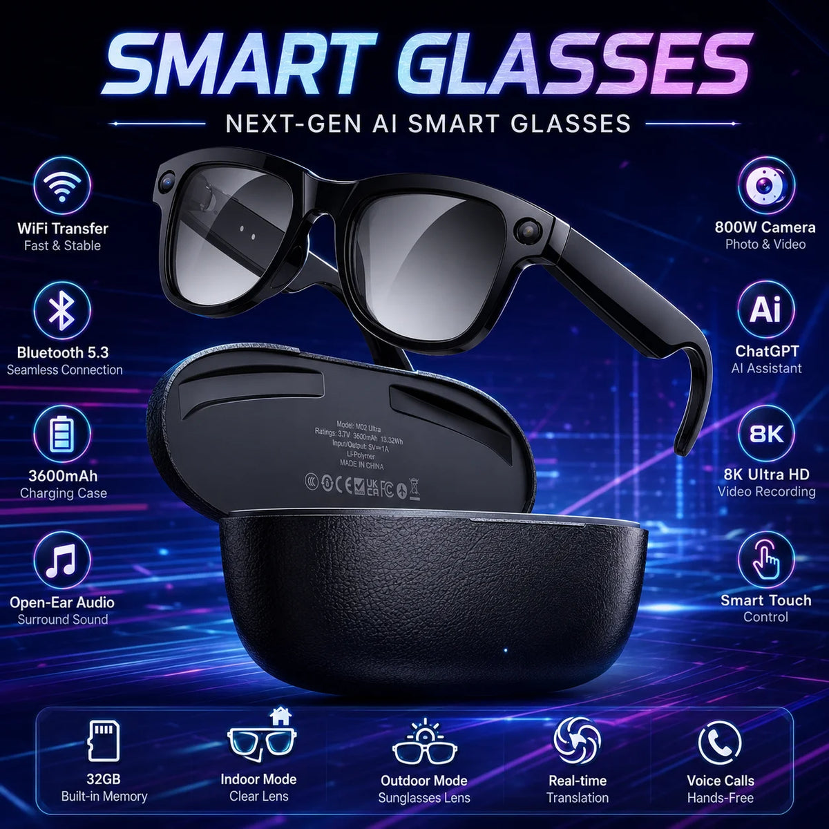 Yaocx AI Smart Glasses Featuring 32Gb Memory And 800W Camera