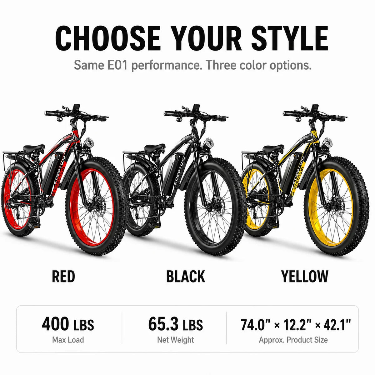 EOEOTWO 1000W Fat Tire Electric Bike With 48V Battery