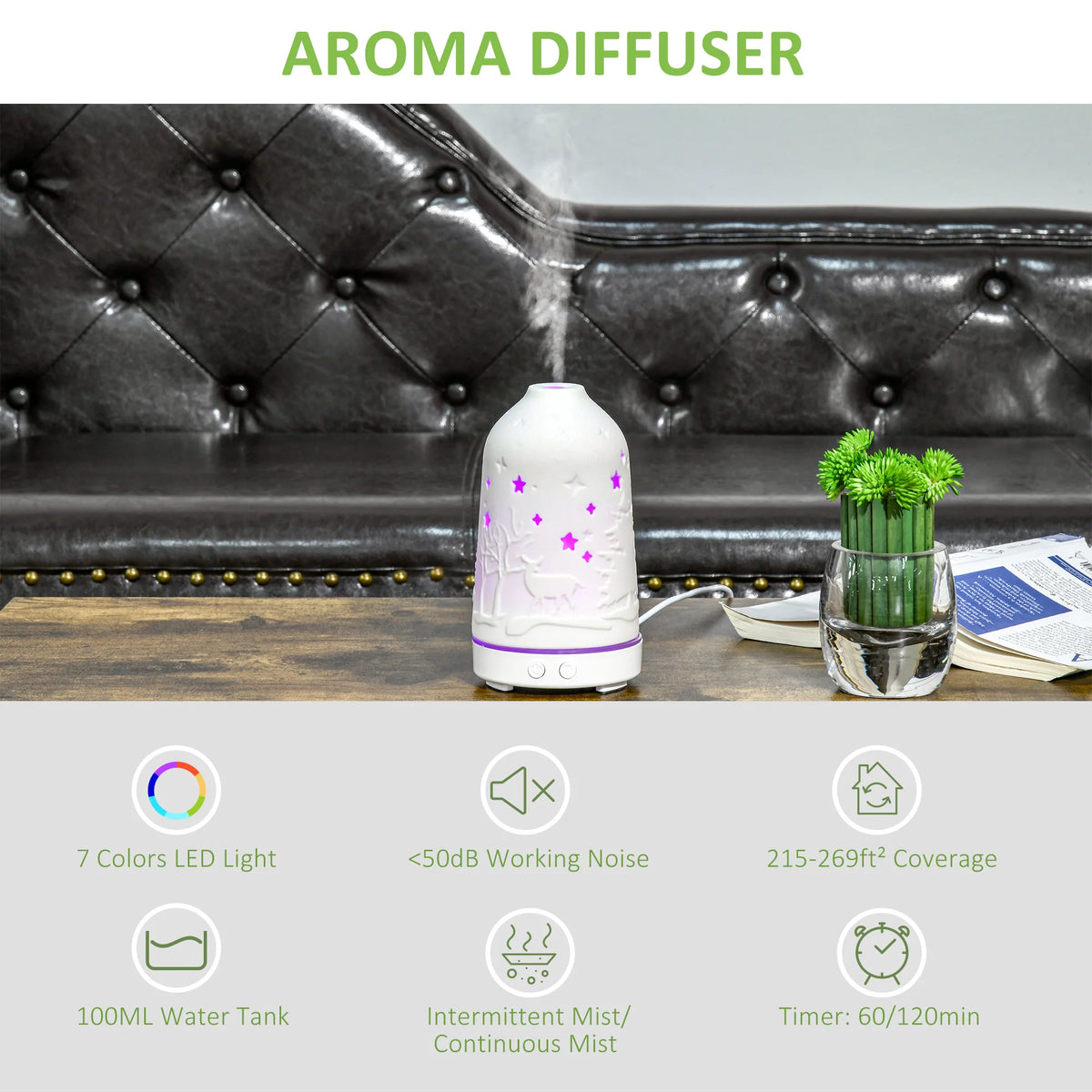 Ultrasonic Aromatherapy Diffuser With Ceramic Cover And Led Lights