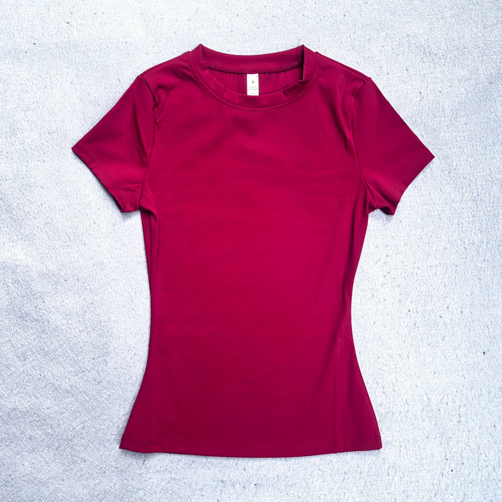 Summer Short Sleeve Yoga Top Women Workout Gym Crop Top Slim Fit Round Neck Yoga Shirt Seamless Sports Stretchy Shirts