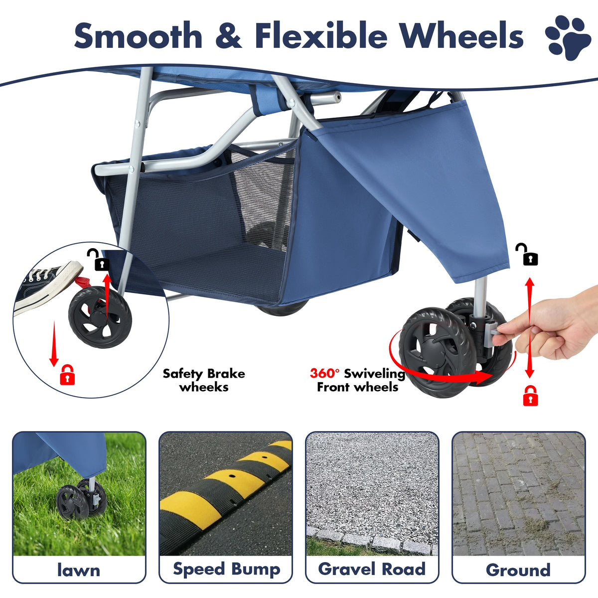 Foldable Three Wheel Pet Stroller With Mesh Windows And Basket