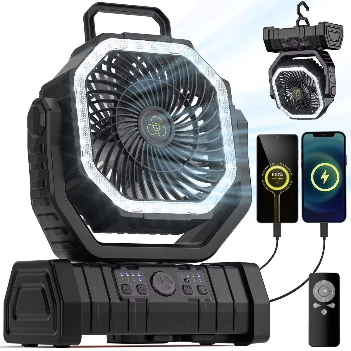 Portable 20000mAh Rechargeable Fan With LED Light And Hook