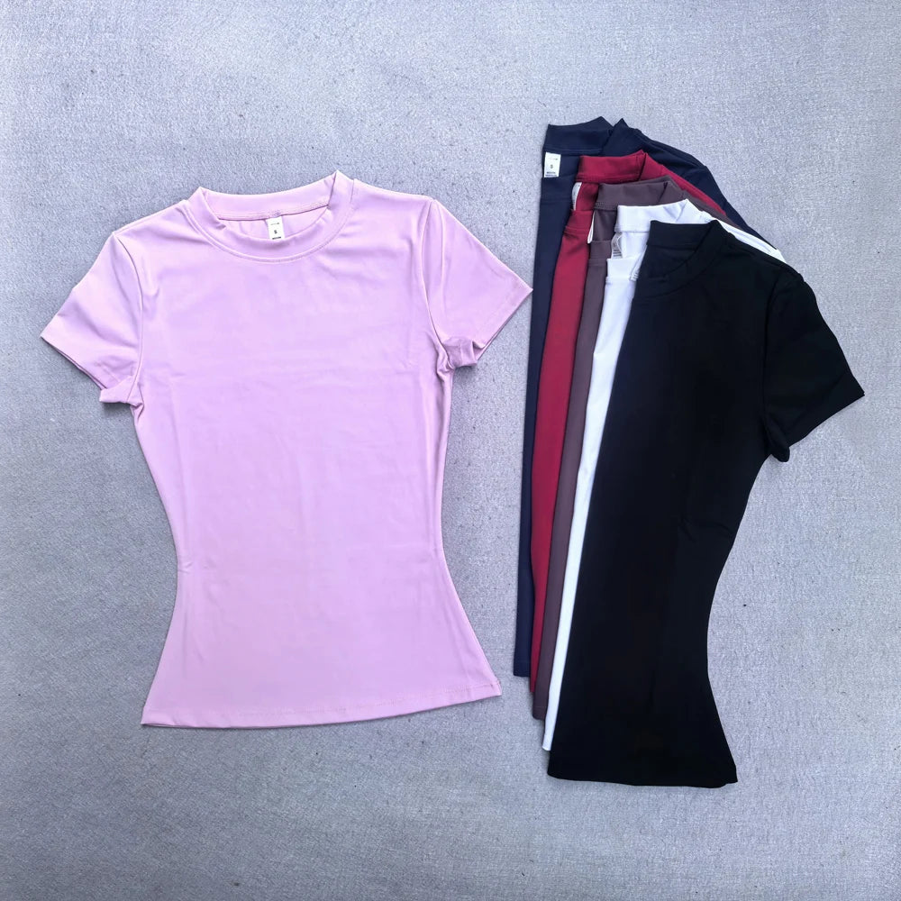 Summer Short Sleeve Yoga Top Women Workout Gym Crop Top Slim Fit Round Neck Yoga Shirt Seamless Sports Stretchy Shirts